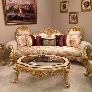 Teakwood Three Seater Antique Gold <b>Sofa</b> With Matching Table Handcrafted Solid Wood Luxury Seating Furniture For <b>Living</b> <b>Room</b> - Product Image 1
