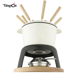 Ensemble de fondue en <span class=keywords><strong>fonte</strong></span> <span class=keywords><strong>émaillée</strong></span> blanc crème, directement de l'usine, avec support métallique et fourchettes, pot à chocolat fondu de 1,6 QT, kit de fondue au fromage - Product Image 3