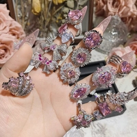 Bague de luxe en zircon rose étincelant en forme de cœur avec nœud, coupe Asher, bijoux pour femme
