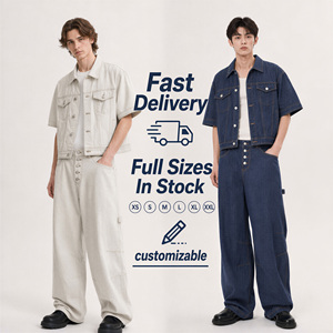 Conjunto de Dos Piezas en Mezclilla: <span class=keywords><strong>Chaqueta</strong></span> de Manga Corta y Jeans de Pierna Ancha con Cierre de Cinco Botones, Color Crema Índigo Personalizado - Product Image 6