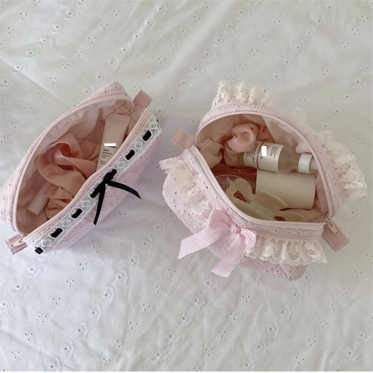 New Pointelle Pink Cosmetic Bag with Embroidery & Lace Trim 