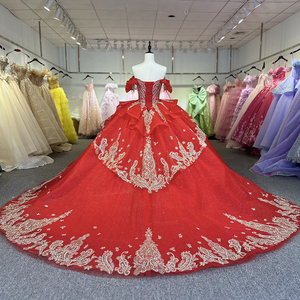 Robes de mariée rouges élégantes en organza avec broderie, robe de bal, col cœur, manches courtes Dy1261-1 - Product Image 4