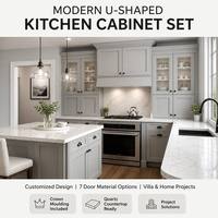 Meubles de cuisine modernes en U avec moulures, armoires en MDF personnalisables avec plan de travail en quartz blanc pour villa