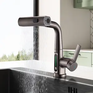 GEE-N Digital Display Led Single Lever Sanitary Ware Hot and Cold Mixer Water Fall Pull Down Kitchen Faucets