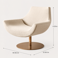 Fauteuil pivotant en tissu bouclé crème, fauteuil rond avec base en disque bronze, fauteuil d'appoint moderne minimaliste pour chambre à coucher