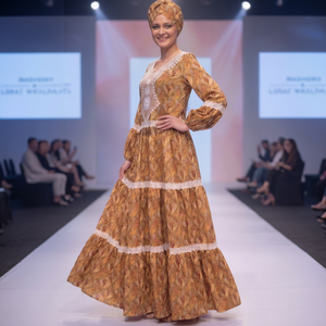 Vestido Maxi Africano de Lujo con Estampado Floral Dorado y Ribete de Encaje para Mujer, Manga Larga, Rayón Ecológico, Transpirable, Verano - Product Image 6