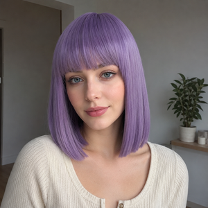 Perruques synthétiques courtes bob violet lavande avec frange, résistantes à la chaleur, aspect naturel, ajustables, sans colle, vente en gros, fabricant OEM/ODM - Product Image 5