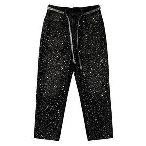 Jean en denim droit vintage personnalisé brodé style hip-hop avec strass, délavé, rivets et fermeture éclair pour homme - Product Image 3
