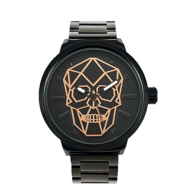 Polygon Skull Dial Black Steel Strap Watch Dark Style Quartz Wristwatch Trendy Ideal for Daily Wear and Halloween Activities