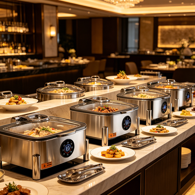 FLEY Luxury Stainless Steel Chafing Dish Set, Automatic Heating, Adjustable Temp Food Warmer for Restaurant Catering