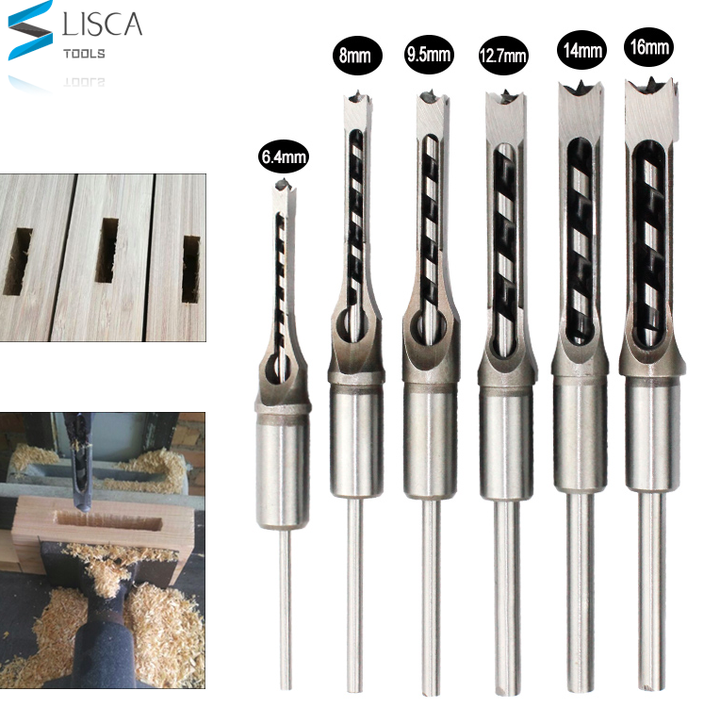 6PCS HSS Twist Drill Bits Square Auger Mortising Chisel Drill Set Square Hole Woodworking Drill Tools Kit Set Extended Saw
