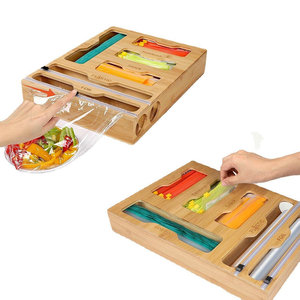 Bamboo plastic wrap <b>box</b> with cutter, pull-out <b>kitchen</b> <b>storage</b> container for plastic wrap, waste plastic bags, and dividers. - Product Image 1