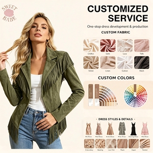 Chaqueta de Mujer Estilo Blazer con Flecos de Gamuza Beige, Estilo Bohemio Occidental, con Botones al Frente, Ropa de Invierno, OEM ODM - Product Image 1