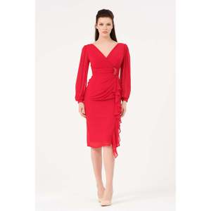 1618 Vestido de noche con cuello en V, de gasa, con lazo y cintura natural, color rojo - Product Image 4