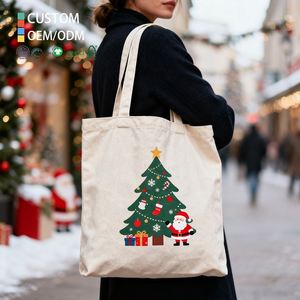 Custom Logo Zipper Reusable Fashion Sublimation Printed Christmas Cotton Canvas Tote Bag for Women - Product Image 1