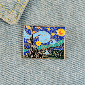 Broche Peinture à l'huile <span class=keywords><strong>Nuit</strong></span> étoilée et Tournesol de <span class=keywords><strong>Van</strong></span> <span class=keywords><strong>Gogh</strong></span>, Personnalisée, en Alliage Émaillé, Moulée sous Pression, Badge UV, Forme Irrégulière, Lune et Étoiles - Product Image 1