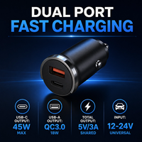 Cargador de Coche de 45W con Doble Puerto, Mini USB-C PD + USB-A QC3.0 Rojo, Adaptador de Corriente Universal para Encendedor de Cigarrillos de 12-24V