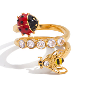 Ladybug And Bee <b>Ring</b> Gold Tone Insect Design With <b>Crystal</b> Accents For Women Jewelry Gift - Product Image 5