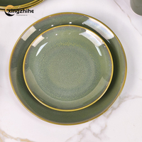 Service de table en grès céramique moderne vert 16 pièces avec glaçure réactive écologique, compatible lave-vaisselle et four, pour usage domestique