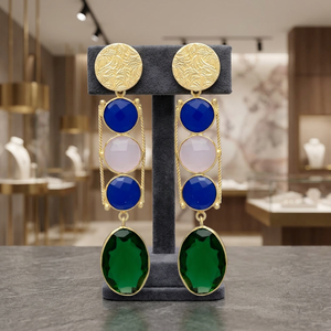 <b>Emerald</b> Hydro & Sapphire Gemstone Long Drop <b>Earrings</b> <b>Gold</b> Tone Ethnic Style Statement <b>Earrings</b> for Women by Jaipur Gems Jewelry - Product Image 2