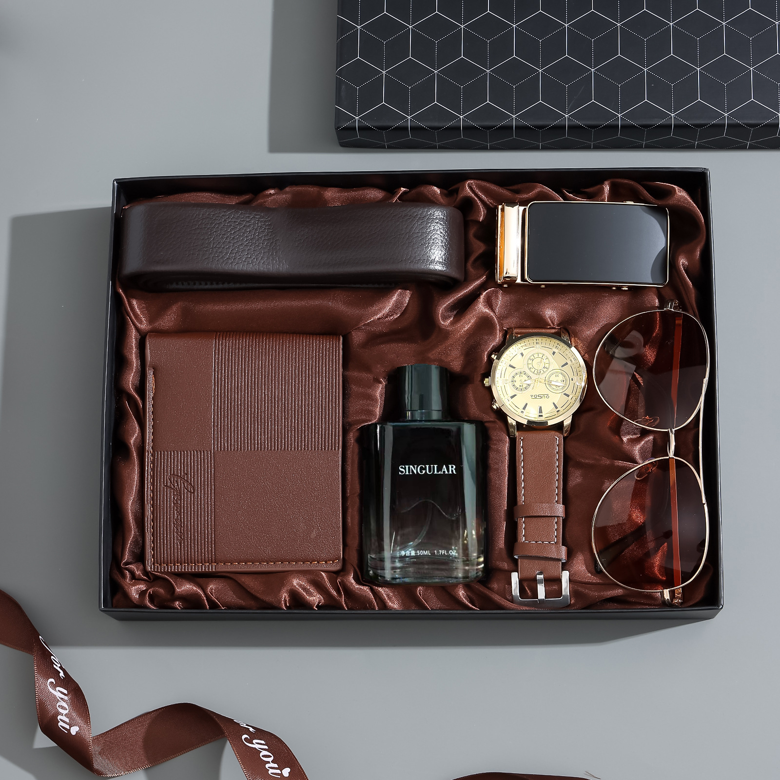 Brown-belt buckle-wallet-perfume-watch-sunglasses