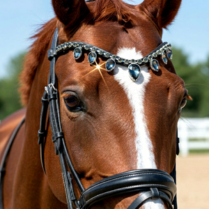 Black Leather <b>Horse</b> Browband with Crystal Teardrop Stones Customized Color & Size Premium Bridle Decoration - Product Image 1