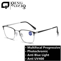 Lunettes de lecture photochromiques multifocales progressives anti-lumière bleue, monture rectangulaire carrée en alliage noir et or, modèle 2026 pour homme