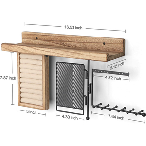 Organisateur de bijoux mural avec étagère en bois rustique, boîte de présentation pour bagues, support pour boucles d'oreilles, porte-colliers rotatif - Product Image 1