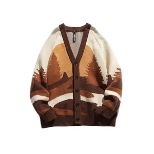 Men's Outdoor Printed Forest Cardigan V-neck Casual Knitted Jacquard Pullovers Sweater Boys Custom Stitching Color Jumper Top
