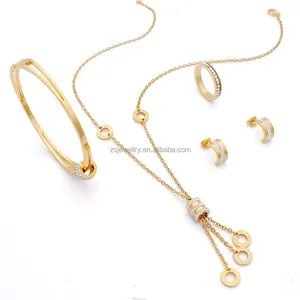 Moissanite Stone Women Circle Stainless Steel Trendy Gold Plated Dubai Sets Cheap Necklace And Earrings Jewelry Set
