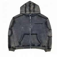 Sweat-shirt à capuche pour homme, en coton, délavé à l'acide, entièrement zippé, avec lettres en relief, effet vieilli, style streetwear, avec poche, pour un usage quotidien décontracté et hip-hop