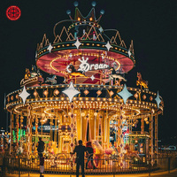 Manège de luxe pour parc d'attractions extérieur sur le thème du carnaval, carrousel avec chevaux, lumières et musique