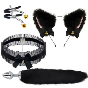 Penjualan terlaris 4 buah Set Cosplay renda leher Bondage Kit ekor rubah Anal Plug kucing telinga ikat rambut puting klip kerah mainan SM