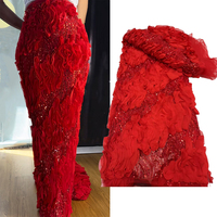 Tissu en dentelle perlée fait main haut de gamme NI.AI, grande broderie rouge, dentelle à sequins, tissu en tulle aqua brodé pour robe de mariée C275