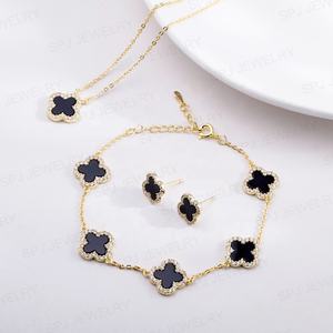 स्पाज निर्माता 5a cz s925 चांदी के गहने सेट ओनिक्स ब्रेसलेट फिम चार पत्ती क्लैवर कोष्ठक गहने महिलाओं को सेट करता है। - Product Image 6