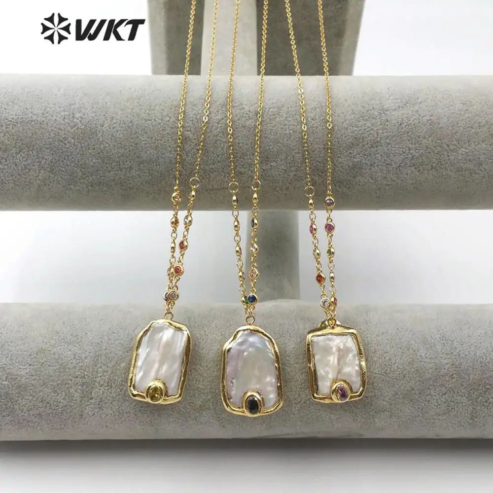 WT-MN956 Thời Trang Ngọc Trai Tự Nhiên Mặt Dây Chuyền Vòng Cổ Với Đầy Màu Sắc CZ Đá Vòng Cổ Vàng Mạ Điện Phong Cách Trang Sức Vòng Cổ