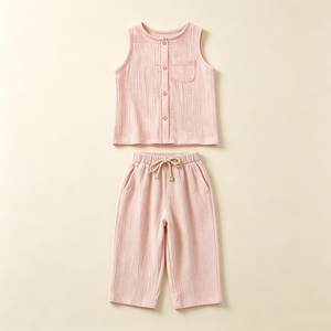 Completo Estivo in Cotone per Ragazze, 2 Pezzi: Top Senza Maniche con Bottoni e Tasche, Pantaloni a Gamba Larga con Coulisse, Outfit Traspirante OEM ODM - Product Image 3