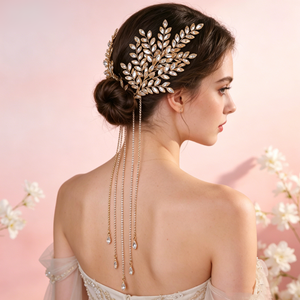 Serre-tête de mariée vintage de luxe fait main avec feuilles d'or, strass, franges et pompons, bijou de cheveux pour mariage et concours de beauté - Product Image 1