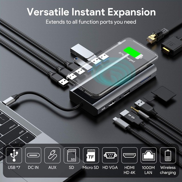 13-In-1 Multifunctional RJ45 for 2.0 VGA USB3.0 Audio USB-C PD USB2.0 Aluminum Alloy Portable Hub for Laptop & Desktop