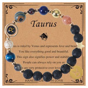 Vente d'usine Bracelet tendance en perles de pierre de lave, avec breloques en quartz et cuivre, motifs des 8 plantes et des 12 signes du zodiaque, pour la chance et la guérison, avec carte, cadeau bijou - Product Image 1