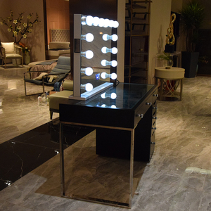 Hiện đại Hollywood phong cách bàn trang điểm màu đen bóng sơn hàng đầu bề mặt kính 7 ngăn kéo và không gỉ Bạc Chân trang điểm Vanity - Product Image 4