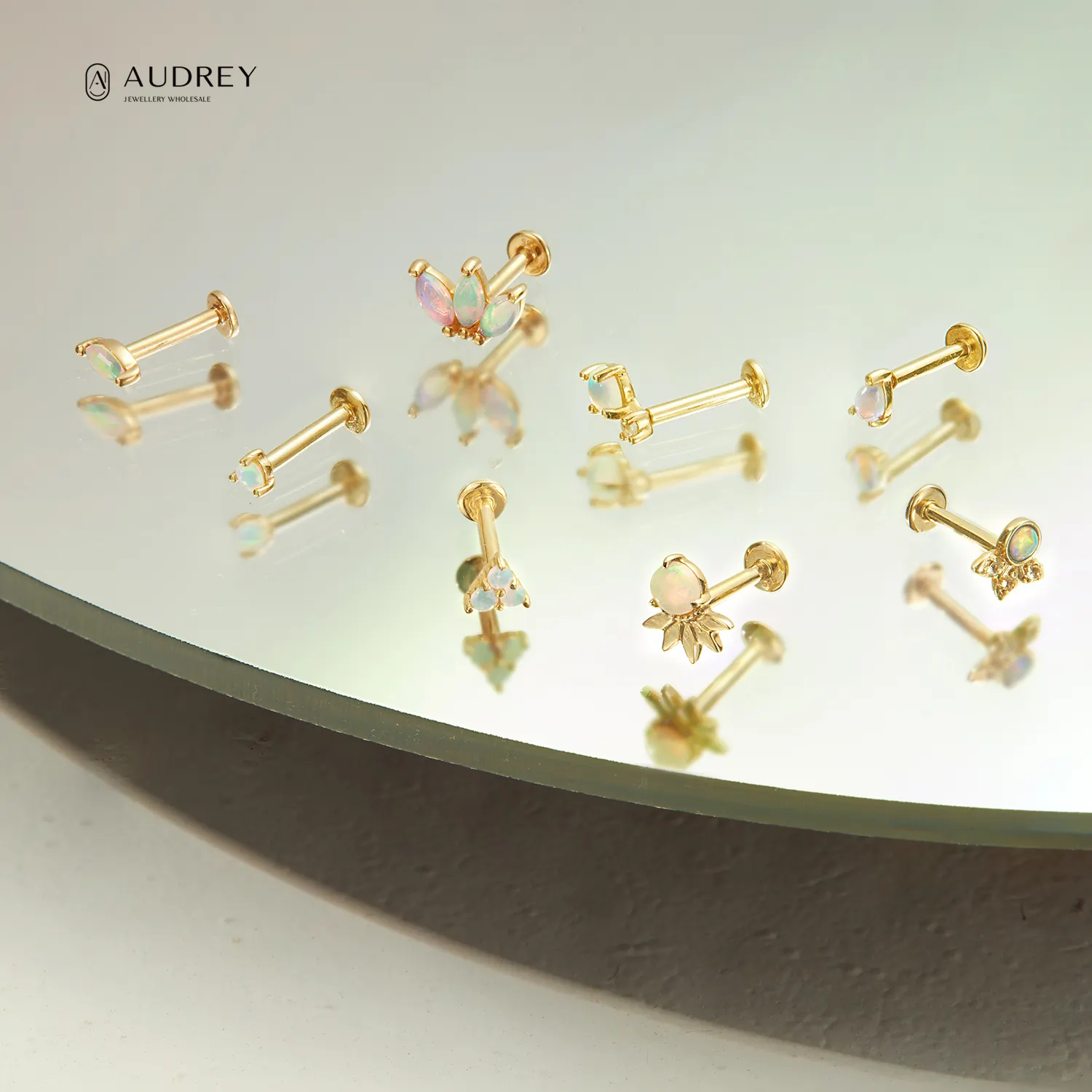 Audrey Diamond Opal 14K Solid Gold Body Fine Jewelry Piercing Jewelry Flat-back Helix Screw Studs Cartilage Earring