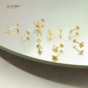 Audrey Berlian Opal 14K Emas Padat Tubuh Perhiasan Tindik, Kancing Sekrup Helix Pipih, Anting Tulang Rawan