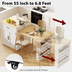 Kitchen <b>Island</b> Extendable Solid Wood Dining <b>Table</b> Double-sided Storage 2 Drawers Power Outlet Side Shelves-Eco-Friendly - Product Image 6