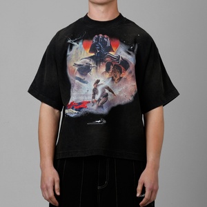 Camiseta de Algodón para Hombre, Estilo Vintage Lavado, con Estampado Retro de Películas, Personalización OEM/ODM Completa, Tallas Grandes - Product Image 1