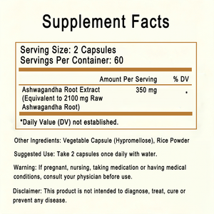 Cápsulas de Extracto de Raíz de Ashwagandha de Marca Privada OEM ODM, 2100 mg por Porción, 120 Cápsulas, Suplemento Vegano Sin Gluten - Product Image 2