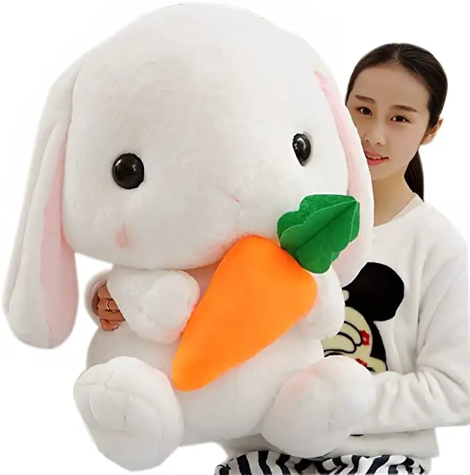New Year 2023 Rabbit Sitting Lop Eared Rabbit, Easter White Rabbit Stuffed Bunny Animal with Carrot Soft Lovely Realistic Long-E