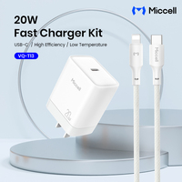 Chargeur rapide PD 20W Miccell en gros avec câble USB-C tressé vers Lightning, adaptateur de charge USB C, chargeur mural Type-C pour iPhone