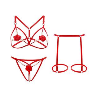 Ensemble de lingerie sexy trois pièces pour femme, soutien-gorge et string en nylon, coupe triangle taille basse, style jeu de rôle mignon - Product Image 3