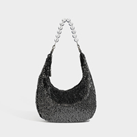 Sac Hobo de Luxe Designer à Paillettes pour Femme, Sac à Main Noir Scintillant en Forme de Croissant avec Poignée Perles de Cristal, Sac à Bandoulière et Sac Croisé